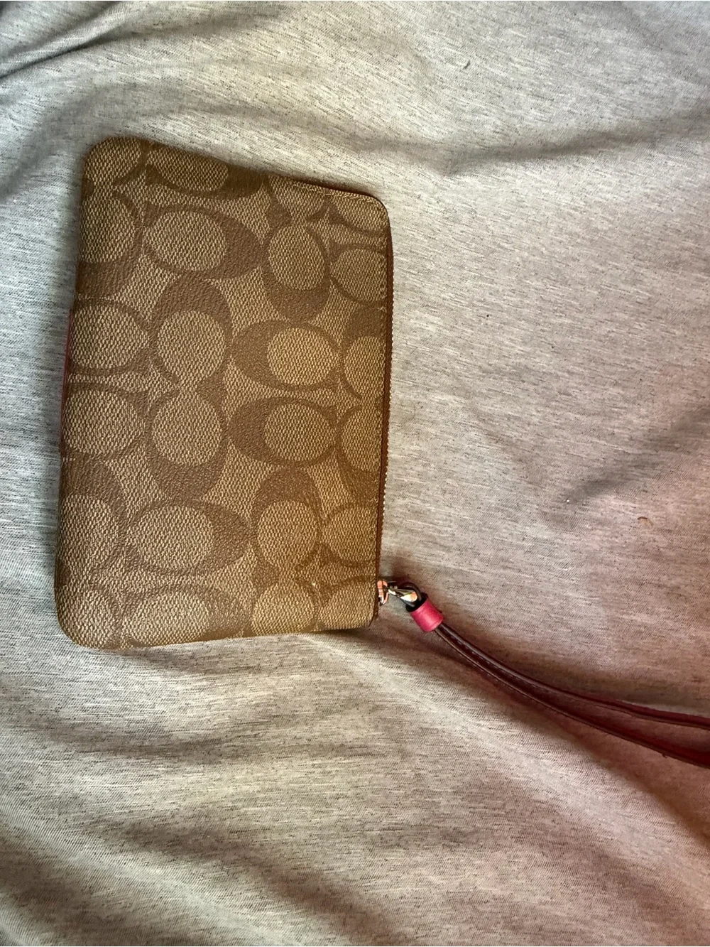 Coach Brown Signature Canvas Wristlet with Pink Leather Trim